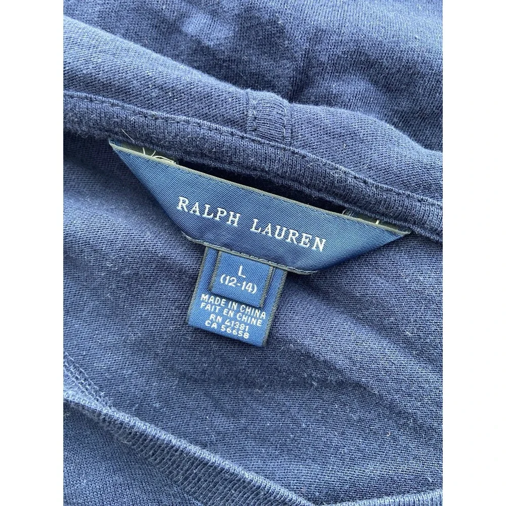 Ralph Lauren Y2K V-Neck Fitted Hoodie Shirt Women Size L Navy Lightweight Preppy